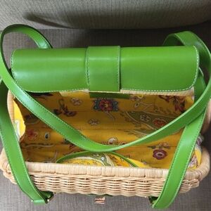 Green Leather and Wicker Women's Bag